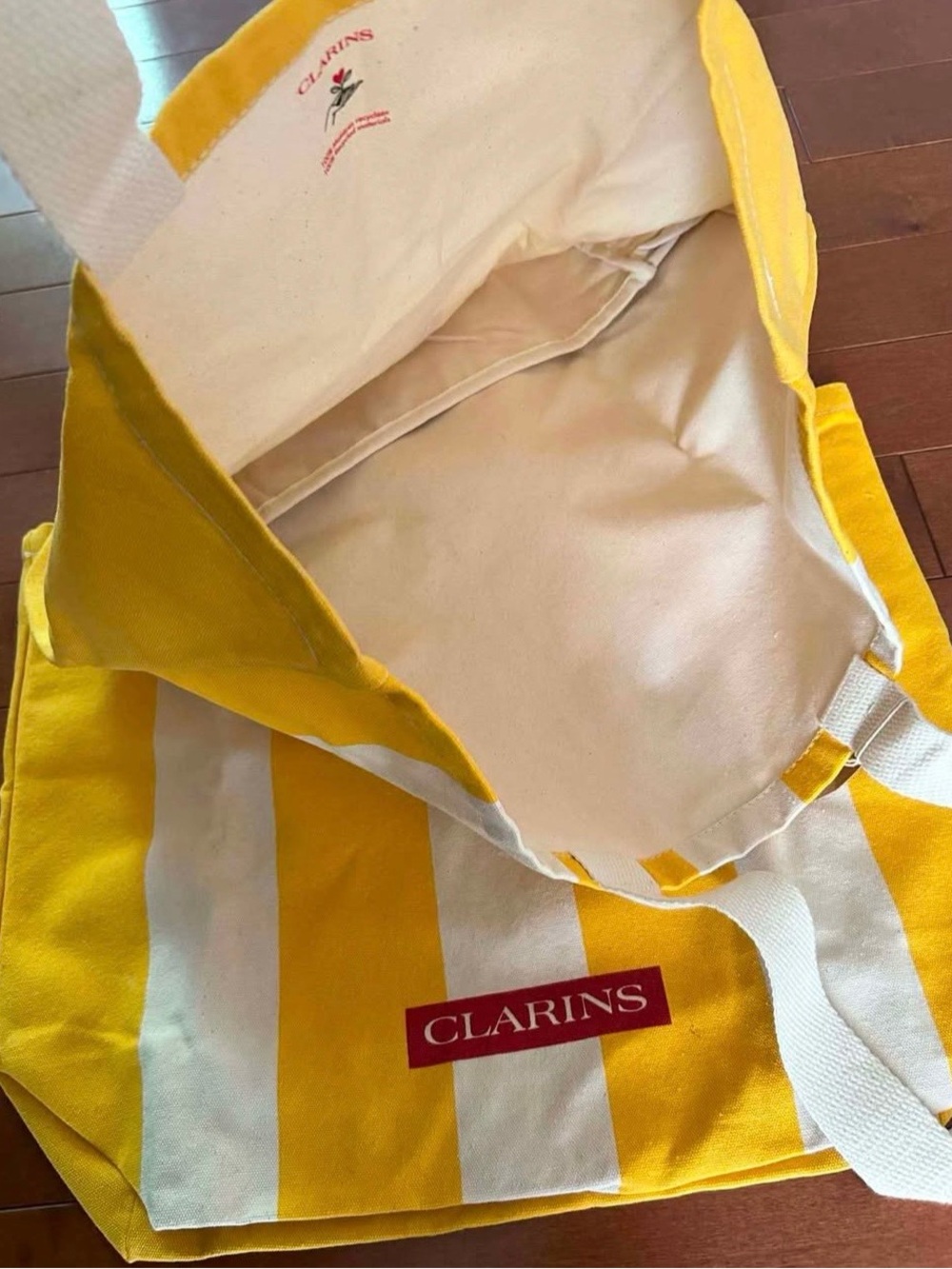 2/12$ Clarins Yellow & White Stripe Canvas Tote Bags - Picture 4 of 4